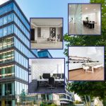A modern office building with a collage of various office interior designs showcasing different flooring styles.