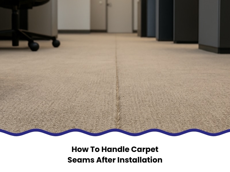 Visible carpet seams running through a beige office hallway with desks and chairs on either side.
