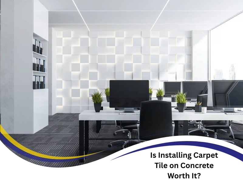 Modern office space after installing carpet tile on concrete with white walls and black tiles